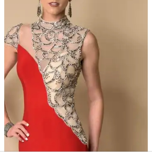 Vienna Prom Red Asymmetrical Neck Dress 10 - Picture 6 of 11